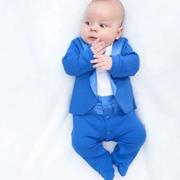 Baby Boy Blue Gentleman Tuxedo Footie Outfit with Bow Tie SZ NB - Picture 6 of 10